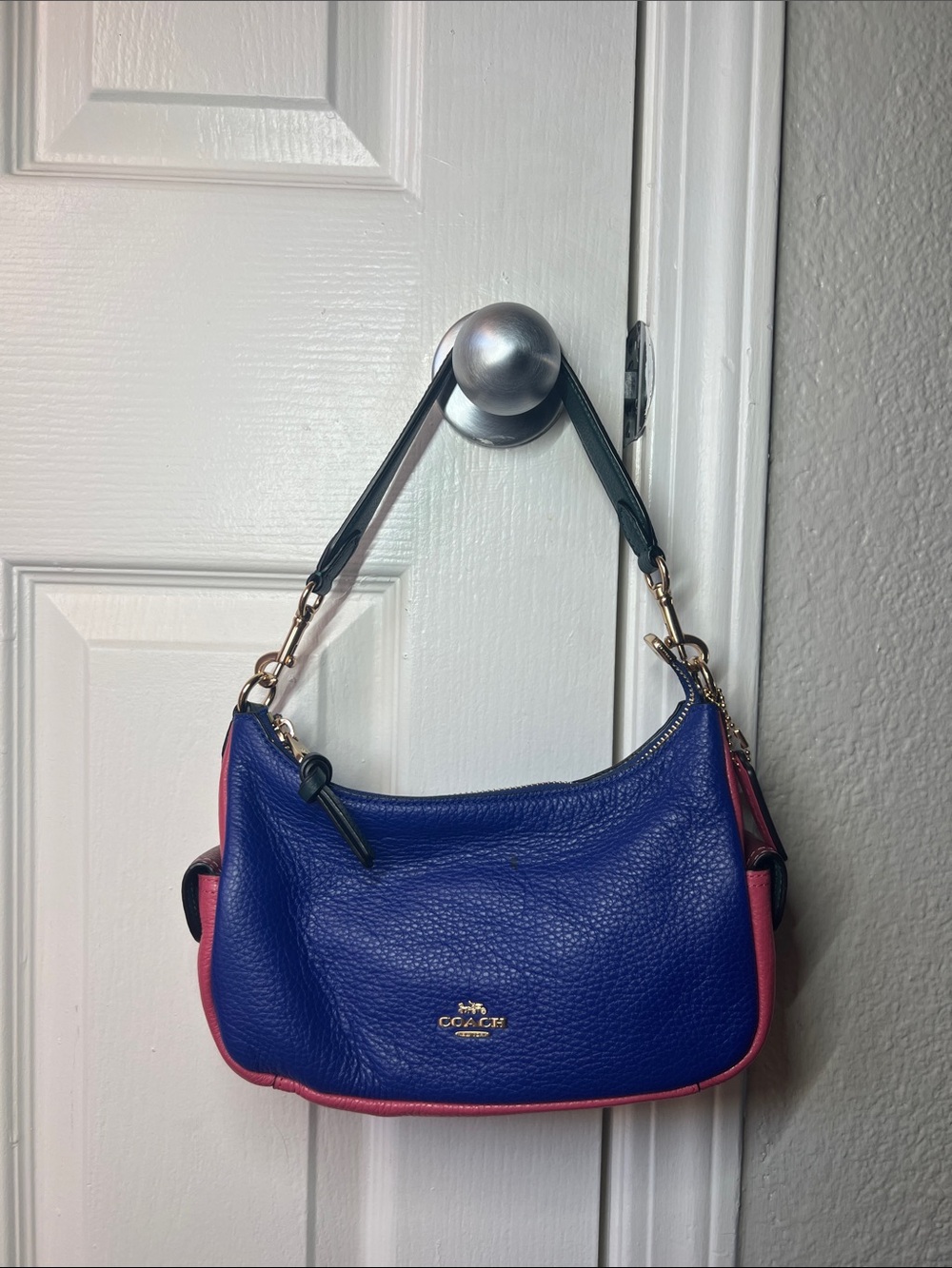 Coach Pebbled Leather Shoulder Bag in Blue with Pink Trim